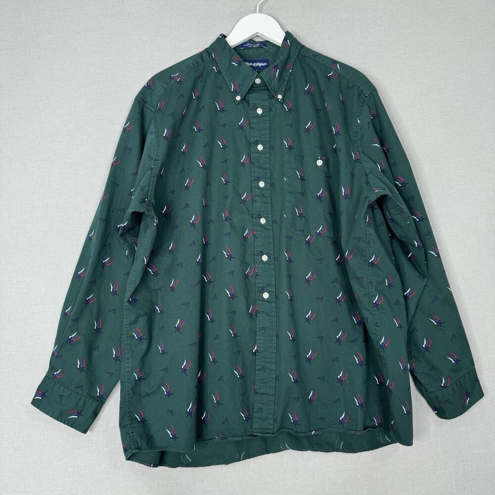 Vintage Stars‎ & Stripes Mens Shirt XL Green Flag Print Western Patriotic Cowboy